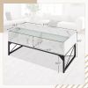 Center Coffee Table with Faux Marble/Tempered Glass Table Top, Built-In LED Lights and 4 Storage Cubes