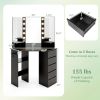 Corner Vanity Desk with Built-In Power Outlet Station, 5 Drawers, 3 Storage Shelves, 3 Color LED Light Settings and Hair Dryer Rack Holder