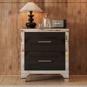 Elegant High Gloss Nightstand with 2 Drawers, Metal Handles and Silver Mirrored Trimming (Material: MDF, Color: Black)