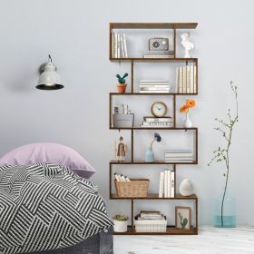 6 Tier S-Shaped Bookshelf Storage Display Bookcase Decor Z Shelf with Large Open Compartments (Color: brown)