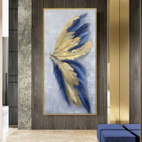 100% Hand Painted Abstract Blue & Gold Feather Canvas Oil Painting (size: 70x140cm)