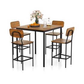 5 Piece Industrial Dining Table Set with Counter Height Table and 4 Bar Stools (Color: Dark Brown)
