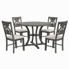 5 Piece Dining Table Set with 1 Round Table with Bent Column Shaped Table Legs, Middle Storage Shelf and 4 Carved Backrest Chairs