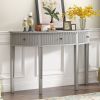 Half Moon Shaped Distinctive Pine Veneer Console Table with 3 Vertical Stripe Drawer Fronts and Four Legs