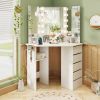 Corner Vanity Desk with Built-In Power Outlet Station, 5 Drawers, 3 Storage Shelves, 3 Color LED Light Settings and Hair Dryer Rack Holder