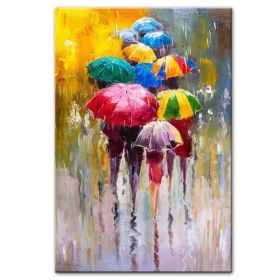 100% Hand Painted Abstract Oil Painting Wall Art with Modern Rain Umbrella Figure View (size: 75x150cm)