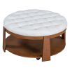 2 Tier Large Round Ottoman Coffee Table with Wheels and Ivory White Button Tufted Top