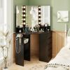 Corner Vanity Desk with Built-In Power Outlet Station, 5 Drawers, 3 Storage Shelves, 3 Color LED Light Settings and Hair Dryer Rack Holder