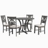 5 Piece Dining Table Set with 1 Round Table with Bent Column Shaped Table Legs, Middle Storage Shelf and 4 Carved Backrest Chairs