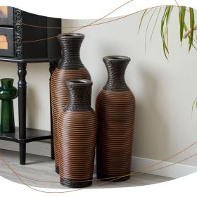 Set of 3 Brown Hand-Woven PVC Rattan Floor Vases (Color: as Pic)