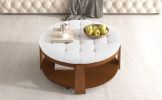 2 Tier Large Round Ottoman Coffee Table with Wheels and Ivory White Button Tufted Top