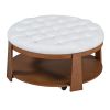 2 Tier Large Round Ottoman Coffee Table with Wheels and Ivory White Button Tufted Top