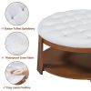 2 Tier Large Round Ottoman Coffee Table with Wheels and Ivory White Button Tufted Top