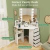 Corner Vanity Desk with Built-In Power Outlet Station, 5 Drawers, 3 Storage Shelves, 3 Color LED Light Settings and Hair Dryer Rack Holder