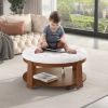 2 Tier Large Round Ottoman Coffee Table with Wheels and Ivory White Button Tufted Top