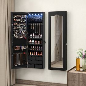 Lockable Wall Mounted Mirror Jewelry Armoire with 5 LEDs, 6 Drawers, Hang On Door Option and 3 Colors To Choose (Color: Black)