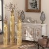 Set of 3, Gold Decorative Floor Vases with Growing Vine, Intricate Etched Swirl Patterns and Funnel Shape Necks