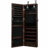 Lockable Wall/Door Mount Mirrored Jewelry Cabinet with LED Lights in Brown or White