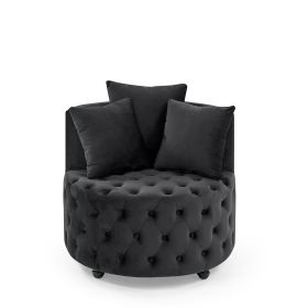 Velvet Upholstered Swivel Chair, Button Tufted Design with Movable Wheels and 3 Matching Pillows (Color: Black)