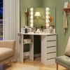 Corner Vanity Desk with Built-In Power Outlet Station, 5 Drawers, 3 Storage Shelves, 3 Color LED Light Settings and Hair Dryer Rack Holder