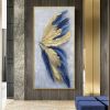 100% Hand Painted Abstract Blue & Gold Feather Canvas Oil Painting