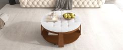 2 Tier Large Round Ottoman Coffee Table with Wheels and Ivory White Button Tufted Top