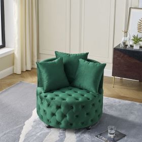 Velvet Upholstered Swivel Chair, Button Tufted Design with Movable Wheels and 3 Matching Pillows (Color: Green)
