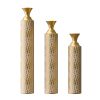 Set of 3, Gold Decorative Floor Vases with Growing Vine, Intricate Etched Swirl Patterns and Funnel Shape Necks