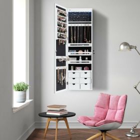 Lockable Wall Mounted Mirror Jewelry Armoire with 5 LEDs, 6 Drawers, Hang On Door Option and 3 Colors To Choose (Color: White)