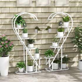 Set of 2, 5 Tier Metal Plant Stand with 4 Hanging Hooks for Multiple Plants and Heart Shaped Design When Combined (Color: White)