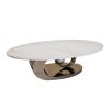 White Faux Marble Coffee Tabletop with Sculptural Stainless Steel Base and Geometric Silhouette