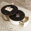 2 Round Modern Coffee Tables with Nesting Design, Fluted Pattern and Gold Metal Base